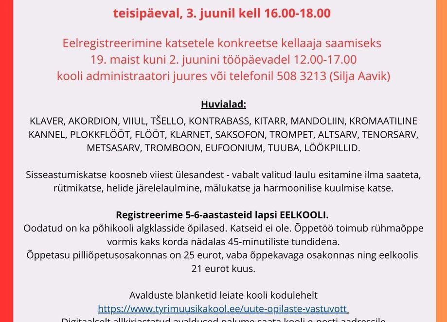 Jätkub eelregistreerimine Türi Muusikakooli vastuvõtukatsetele - Türi Muusikakool