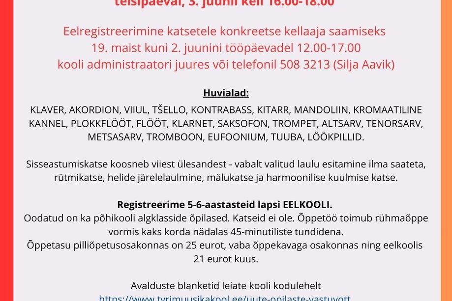 Jätkub eelregistreerimine Türi Muusikakooli vastuvõtukatsetele - Türi Muusikakool