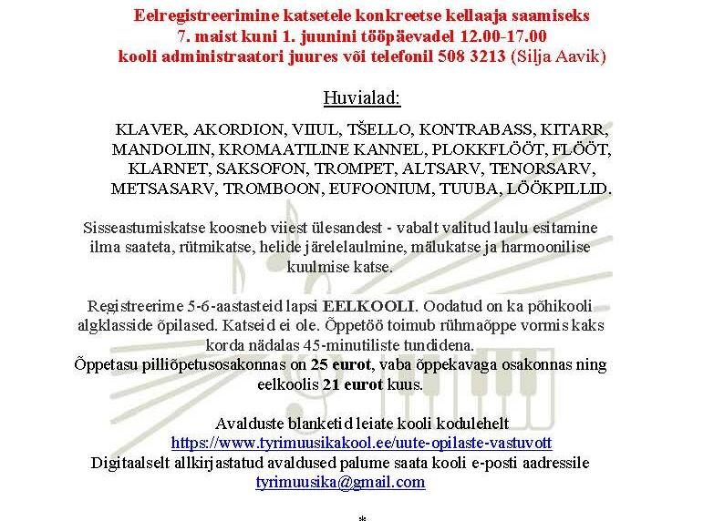 Vastuvõtukatsed Türi Muusikakooli 2026/2027. õppeaastaks - Türi Muusikakool
